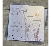 WHITE COTTON CARDS PERSONALISED WEDDING CARD. ANY RELATION. SPECIAL COUPLE. CRYSTAL FLUTES DESIGN. Handmade (P19-37-SC & XP19-37-SC)
