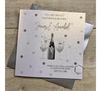 WHITE COTTON CARDS PERSONALISED WEDDING CARD - GRANDSON & WIFE. DOTTY CHAMPS & GLASSES DESIGN. HAND FINISHED (X) P25-2-WED-GS