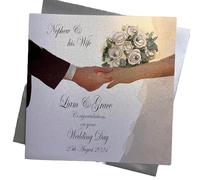 WHITE COTTON CARDS PERSONALISED WEDDING CARD. NEPHEW & HIS WIFE. HANDS & WHITE FLOWERS DESIGN. HAND FINISHED (P24-25-NEP)