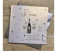 WHITE COTTON CARDS PERSONALISED WIFE 25TH SILVER WEDDING ANNIVERSARY CARD - DOTTY LOVE BIRDS DESIGN. HAND FINISHED (X) P25-2-AN-W25