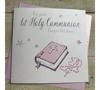 WHITE COTTON CARDS Pink Bible, On Your 1st Congratulations Handmade Girls Holy Communion Card, N88