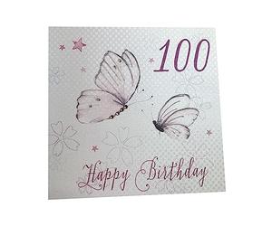 WHITE COTTON CARDS "Pink Butterflies, Happy Birthday 100" Handmade 100th Birthday Card, WBB100