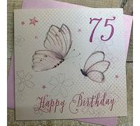 White Cotton Cards Pink Butterflies, Happy 75" Handmade 75th Birthday Card, WBB75
