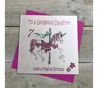 white cotton cards "Pink, Carousel, To A Gorgeous Daughter Age 7 Have A magical Birthday Handmade 7th Birthday Card, White, GL212-7