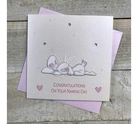 WHITE COTTON CARDS Pink Embroidered Bunny Congratulations Handmade Naming Day Card, BD71