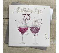 WHITE COTTON CARDS PINK FIZZY COUPE GLASSES - 75TH BIRTHDAY CARD, HAND FINISHED (D220-75)