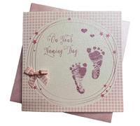 WHITE COTTON CARDS Pink Footprints Handmade Naming Day Card, White, BD69
