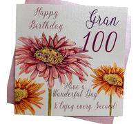 white cotton cards Pink Gerbera, Happy 100 Gran Have a Wonderful Day Handmade 100th Birthday Card, White, WBA100-G