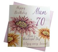 white cotton cards "Pink Gerbera, Happy Birthday 70 Mum Have a Wonderful Day Handmade 70th Birthday Card, White, wba70-mum