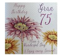 white cotton cards "Pink Gerbera, Happy Birthday 75 Gran Have a Wonderful Day Handmade 75th Birthday Card, White, WBA75-G