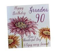 white cotton cards "Pink Gerbera, Happy Birthday 90 Grandma Have a Wonderful Day Handmade 90th Birthday Card, White, WBA90-GMA