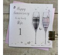 WHITE COTTON CARDS PINK/GREY FLUTES 1ST - WIFE ANNIVERSARY CARD, HAND FINISHED (D56-1)