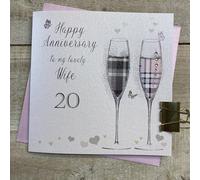 WHITE COTTON CARDS PINK/GREY FLUTES 20TH - WIFE ANNIVERSARY CARD, HAND FINISHED (D56-20)