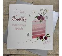 WHITE COTTON CARDS PINK LAYER CAKE - DAUGHTER - 50TH LARGE BIRTHDAY CARD, HAND FINISHED (XDC50-D)