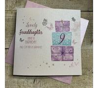 white cotton cards Pink Present, Granddaughter 9 Happy Handmade 9th Birthday Card, White, WB86-9, 16cm x 16cm
