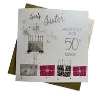 white cotton cards "Pink Present, Lovely Sister 50 Wishing You A Special Birthday Handmade 50th Birthday Card, White, WB190-50