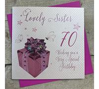 WHITE COTTON CARDS Pink Present, Lovely Sister 70 Wishing You A Special Handmade 70th Birthday Card, White, WB190-70,16cm x 16cm