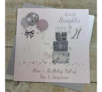 WHITE COTTON CARDS PINK & SILVER PRESSIES - DAUGHTER - 21ST LARGE BIRTHDAY CARD, HAND FINISHED (XDP11-D21)