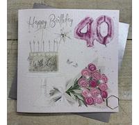 WHITE COTTON CARDS PRETTY BOUQUET, CAKE & BALLOON - 40TH BIRTHDAY CARD, HAND FINISHED (X) DPH40