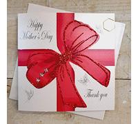 WHITE COTTON CARDS Red Bow Happy Thank You Handmade Mother's Day Card, White, MD13