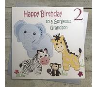 White Cotton Cards Safari Animals, Gorgeous Grandson, 2nd Large Birthday Card, Handmade XLBD14GS2