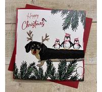 WHITE COTTON CARDS SAUSAGE DOG/DASHOUND & PENGUINS CHRISTMAS CARD (C25-109)