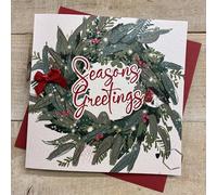 WHITE COTTON CARDS SEASONS GREETINGS WREATH & ROBIN CHRISTMAS CARD (C25-15)