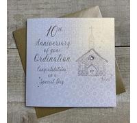 WHITE COTTON CARDS SILVER CHURCH, 10TH ANNIVERSARY ORDINATION CARD, HAND FINISHED (D179-10)