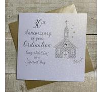 WHITE COTTON CARDS SILVER CHURCH, 30TH ANNIVERSARY ORDINATION CARD, HAND FINISHED (D179-30)
