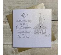 WHITE COTTON CARDS SILVER CHURCH, 40TH ANNIVERSARY ORDINATION CARD, HAND FINISHED (D179-40)