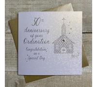 WHITE COTTON CARDS SILVER CHURCH, 50TH ANNIVERSARY ORDINATION CARD, HAND FINISHED (D179-50)