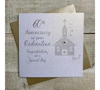 WHITE COTTON CARDS SILVER CHURCH, 60TH ANNIVERSARY ORDINATION CARD, HAND FINISHED (D179-60)