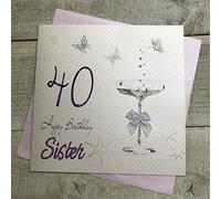 WHITE COTTON CARDS Sister 40th Birthday Card,Sparkly Coupe Glass, Bubbles Handfinished (BDA40-Sister)