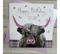 WHITE COTTON CARDS SISTER BIRTHDAY CARD - PINK HIGHLAND COW DESIGN HAND FINISHED (S381-S)