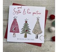 WHITE COTTON CARDS SISTER & HER PARTNER 3 TREES - CHRISTMAS CARD, HANDMADE (C22-68 & XC22-68)