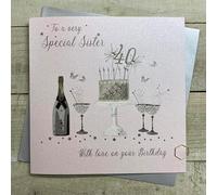 WHITE COTTON CARDS SISTER - PINK CAKE & CHAMPAGNE - 40TH LARGE BIRTHDAY CARD, HAND FINISHED (XDP7-S40)