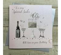 WHITE COTTON CARDS SISTER - PINK CAKE & CHAMPAGNE - 60TH LARGE BIRTHDAY CARD, HAND FINISHED (XDP7-S60)
