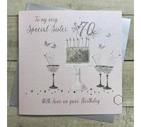 WHITE COTTON CARDS SISTER - PINK CAKE & CHAMPAGNE - 70TH LARGE BIRTHDAY CARD, HAND FINISHED (XDP7-S70)