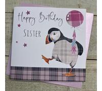 WHITE COTTON CARDS SISTER PUFFIN BIRTHDAY CARD, HAND FINISHED (S348-SIS)