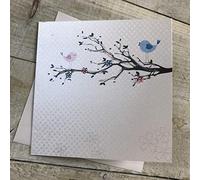 WHITE COTTON CARDS Small Birds in Tree Blank Handmade Card, PD130