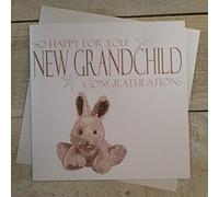 WHITE COTTON CARDS So Happy for You New Grandchild Congratulations, Handmade Baby Card (Silver Bunny, Code N210)