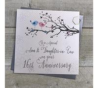 WHITE COTTON CARDS Son & Daughter-in-Law 16th Wedding Anniversary Card Sixteenth Topaz Birds and Tree branch