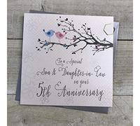 White Cotton Cards Son & Daughter-in-Law 5th Wedding Anniversary Card Fifth Wood Birds and Tree branch PD192-5, 16cm x 16cm
