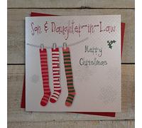 White Cotton Cards Son & Daughter-in-Law Merry Handmade Christmas Card (Stockings) Code fp43