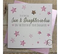 WHITE COTTON CARDS SON & DAUGHTER IN LAW ON BIRTH OF YOUR SON - PINK STARS NEW BABY CARD, HAND FINISHED (S521-SD)