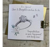 WHITE COTTON CARDS SON & DAUGHTER IN LAW TO BE - RING & FLOWER ENGAGEMENT CARD, HAND FINISHED (D26)