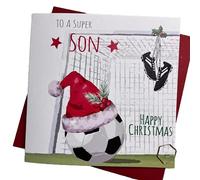 WHITE COTTON CARDS SON - FOOTBALL & SANTA HAT - FOOTBALL CHRISTMAS CARD (FFX-S)