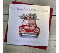 WHITE COTTON CARDS SON & HIS GIRLFRIEND - CAR CARRYING CHRISTMAS TREE CHRISTMAS CARD, HAND FINISHED (C23-90)