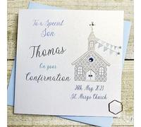 WHITE COTTON CARDS SON PERSONALISED CONFIRMATION CARD, BLUE CHURCH DESIGN, HAND FINISHED (X) P23-48-S