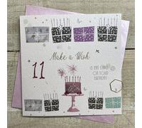 WHITE COTTON CARDS SPARKLER CAKE & LOTS OF PRESSIES - 11TH BIRTHDAY CARD, HAND FINISHED (D327-11)